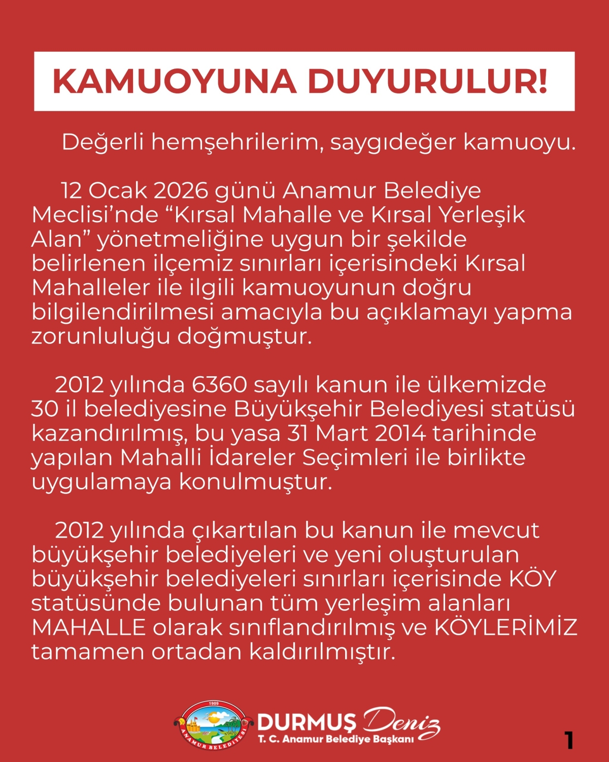“Anamur Belediyesi’nden Kırsal Mahalle Kararıyla İlgili Kamuoyuna Açıklama” 