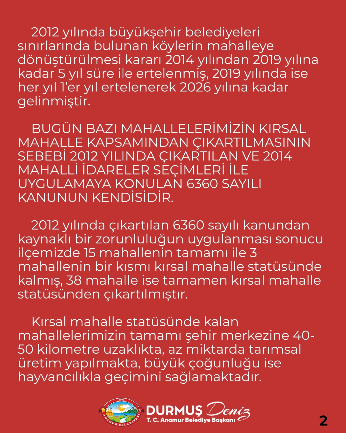 “Anamur Belediyesi’nden Kırsal Mahalle Kararıyla İlgili Kamuoyuna Açıklama” 