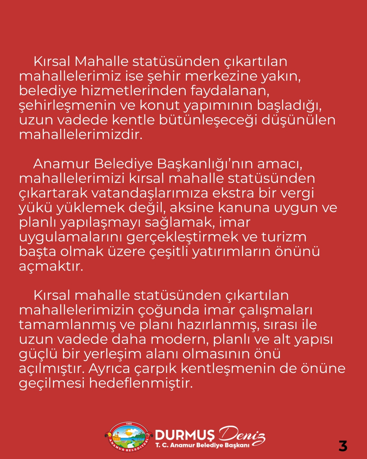 “Anamur Belediyesi’nden Kırsal Mahalle Kararıyla İlgili Kamuoyuna Açıklama” 