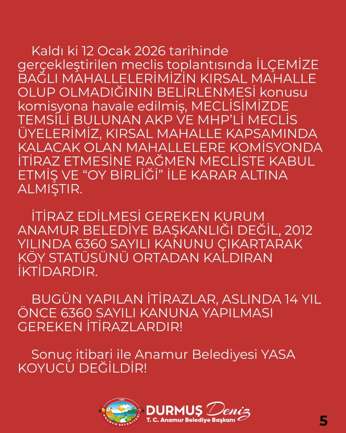 “Anamur Belediyesi’nden Kırsal Mahalle Kararıyla İlgili Kamuoyuna Açıklama” 