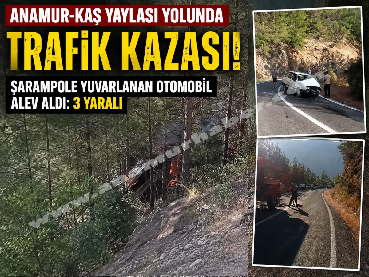 Kaş Yolunda Trafik Kazası, Şarampole Yuvarlanan Otomobil Alev Aldı, 3 Kişi Yaralandı..